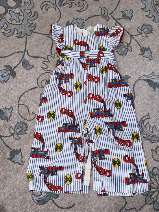 Other - Kids Striped Cotton Romper Red Train Print Handmade Vintage